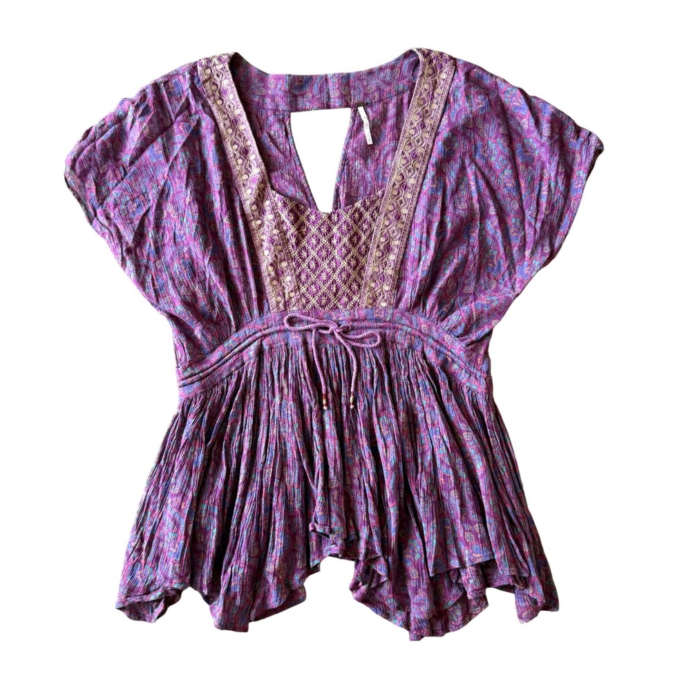 Free People Paisley Babydoll Top Womens L Purple Boho Embroidered V-Neck Blouse